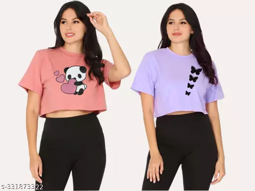 Trendy Feminine Printed Crop Tshirt Round Neck Top For Womens(Pack Of 2)