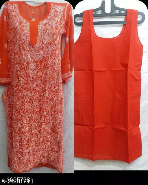 Women's Chikankari Hand Embroidered Long Front jall kurti With inner.