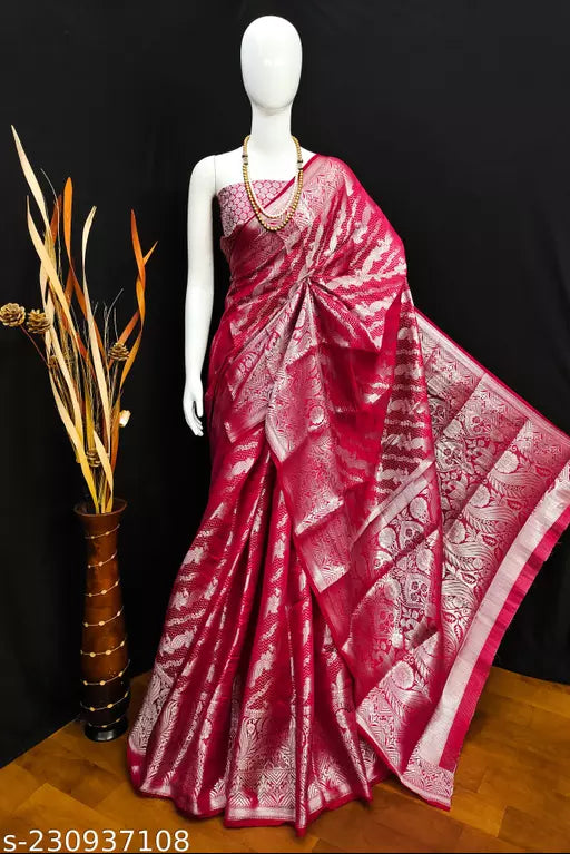 Morpich Fashion Maroon Banarasi Silk Silver Zari Saree
