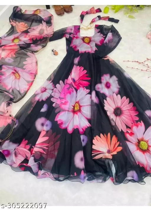 QVAZOR Stylish Fancy Trendy Printed Georgette Gown For Women For Party Wedding Festival Functions