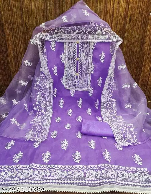 ORGANZA SILK BARFI WITH EMBROIDERED DOUBLE  MULTI WORK DRESS MATERIAL SUIT FOR WOMEN