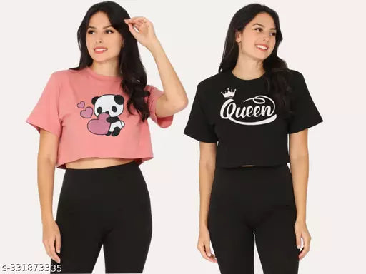 Trendy Feminine Printed Crop Tshirt Round Neck Top For Womens(Pack Of 2)