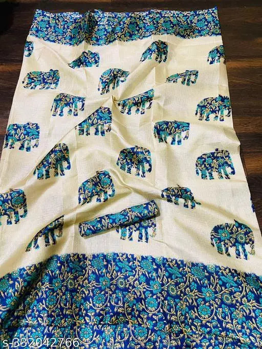 ELEPHANT PRINTED KHADI SILK BLENDED LIGHT WEIGHT COMFERTABLE WEAR SAREE WITH BLOUSE