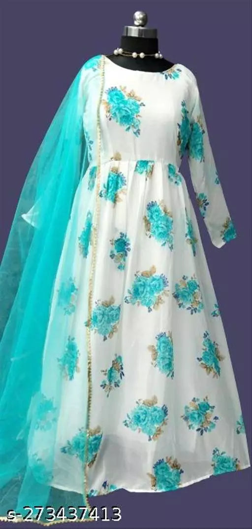 QVAZOR Stylish Fancy Trendy Printed Georgette Gown For Women For Party Wedding Festival Functions