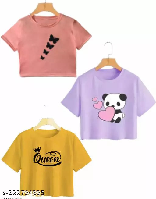 Trendy Feminine Printed Crop Tshirt Round Neck Top For Womens (Combo 3)