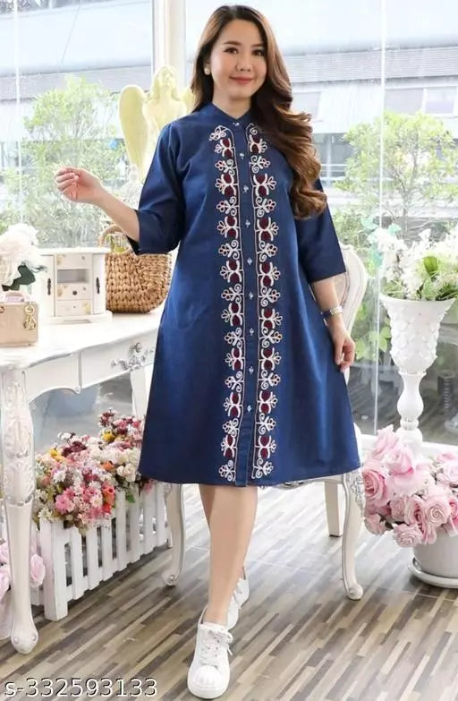 Trendy Fashionable Whomen Denim Dress with Embroidery