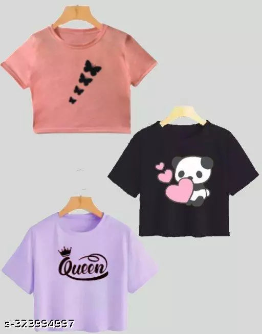 Trendy Feminine Printed Crop Tshirt Round Neck Top For Womens (Combo 3)