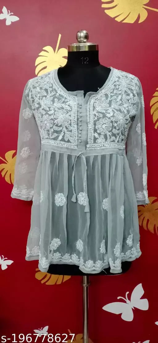 Handwork Embroidere Chikankari Chiffon Short Frock kurti .