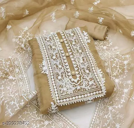 Women's Brown Floral Embroidered Organza Suits & Dress Materials