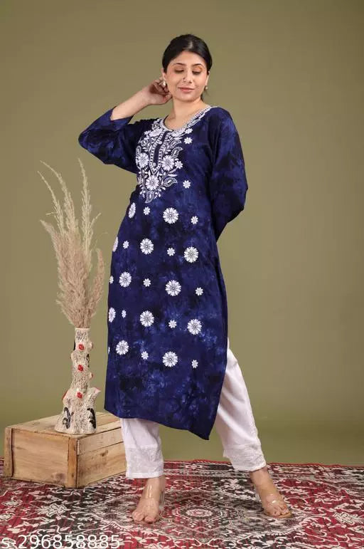 Women Chikan Embroidery Cotton Rayon A-line Kurta