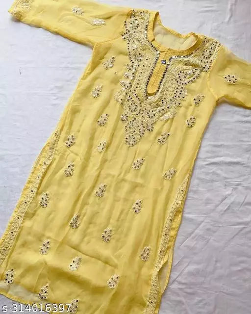 Mirror work embroidered Chikankari chiffon kurti with cotton inner.