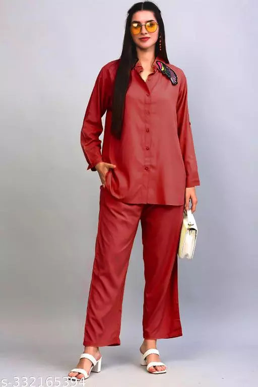 Women's Co-ord Set: Solid Shirt & Pants