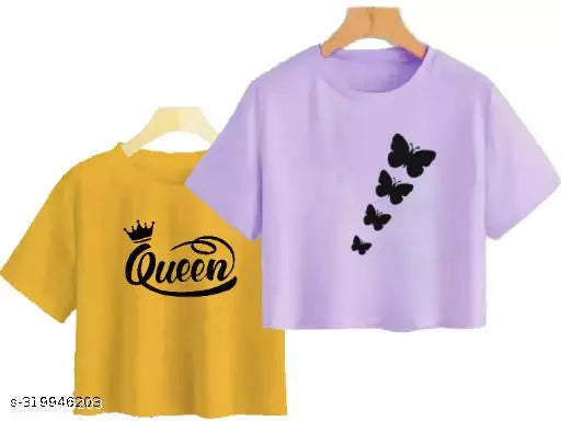 Trendy Feminine Printed Crop Tshirt Round Neck Top For Womens (Combo2)