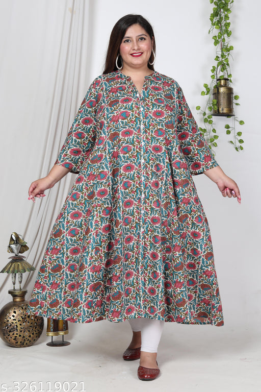 Swasti Plus Size Women Printed  Floral Print Cotton Blend Gown Kurta