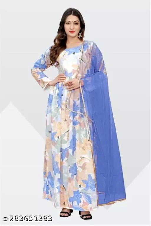 QVAZOR Stylish Fancy Trendy Printed Georgette Gown For Women For Party Wedding Festival Functions