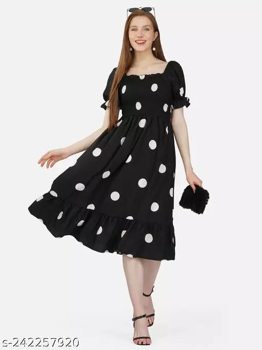Bell Sleeves Polka Printed Smocking Dresses For Women