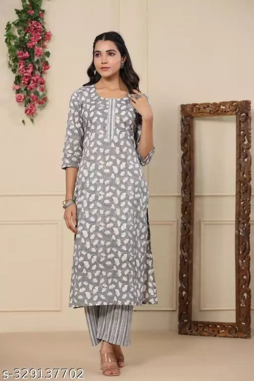 Anni Designer Women's Cotton Blend Grey Ethnic Motifs Printed Kurta with Trouser