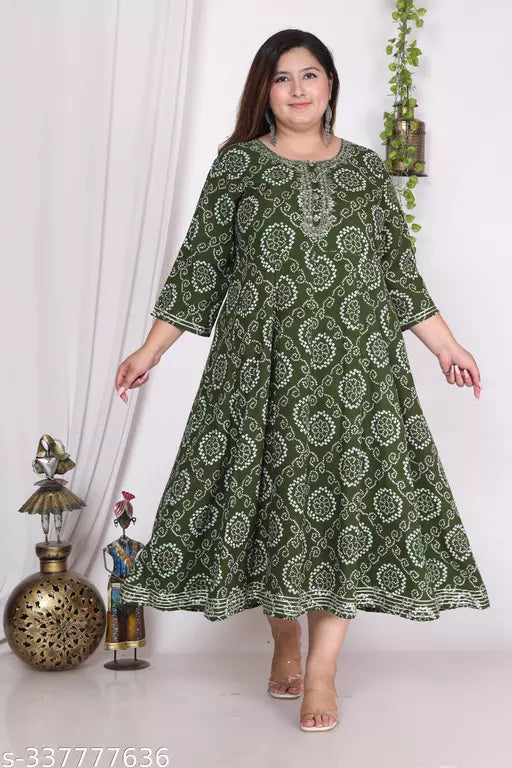 Swasti Plus Size Embroidered Women Bandhani Print Cotton Blend Gown  Ethnic Dress
