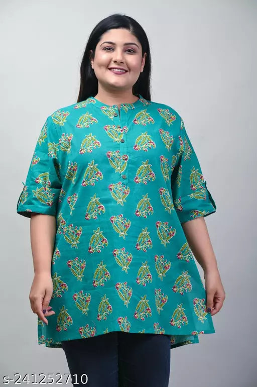 Plus Size - Casual Regular Sleeves Printed Turquoise Women  Top