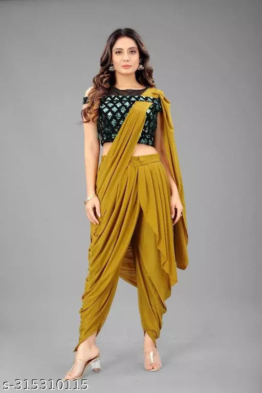 Ready To Wear Lycra Dhoti Style Fancy Party Wear Sarees Yellow Colour Sarees with sequance blouse BY Kraddle