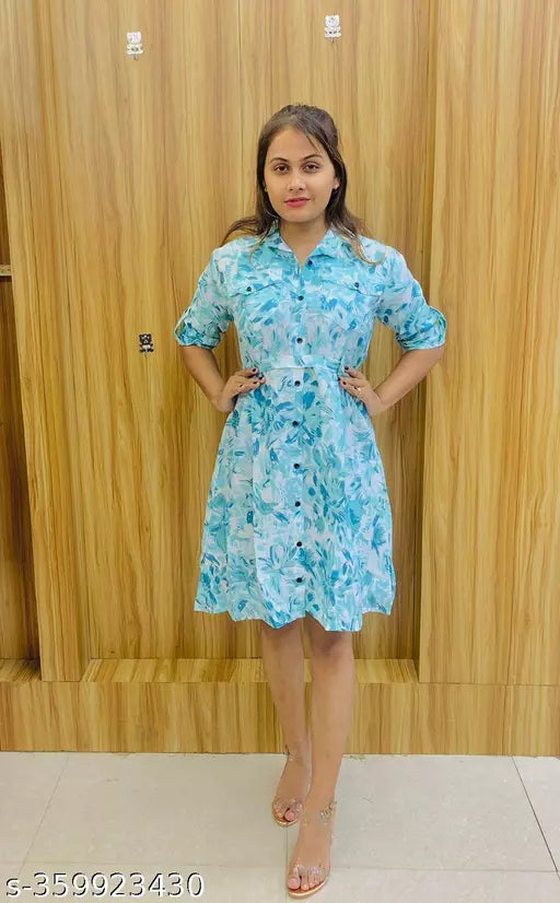JKP COLLECTION Women's & Girls's Stylish Rayon Collared Shirt Flared Mini Dress with Waist Belt Mint Green
