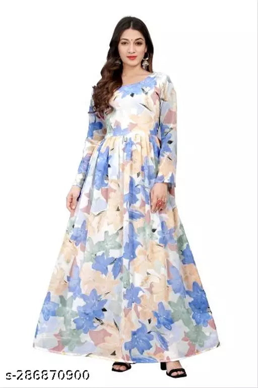 QVAZOR Stylish Fancy Trendy Printed Georgette Gown For Women For Party Wedding Festival Functions