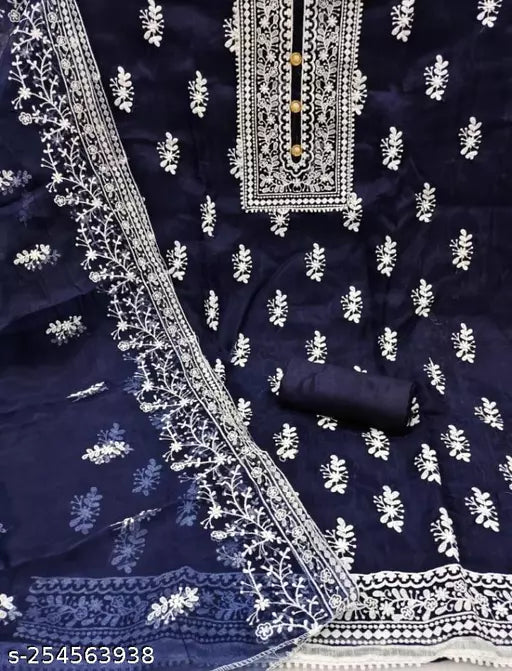 WOMEN'S FLORAL BLUE COLOUR NEW ARRIVAL ORGANZA SUIT WITH EMBROIDERED DOUBLE  MULTI WORK DRESS MATERIAL SUIT