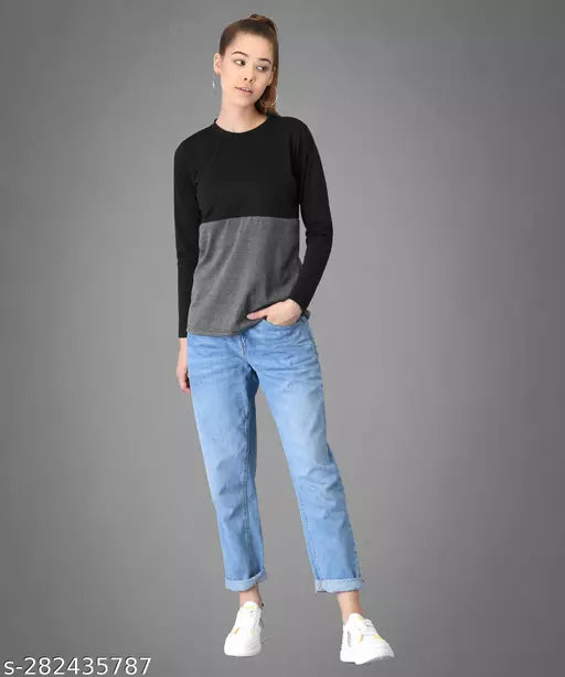 Vivient Women Black and Grey Cotton Blend T-Shirt