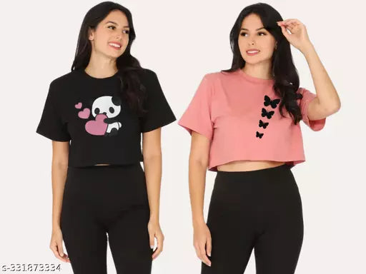 Trendy Feminine Printed Crop Tshirt Round Neck Top For Womens(Pack Of 2)