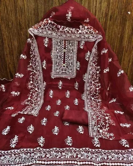 Jivika Graceful Salwar Suits & Dress Materials Exclusive Fancy Women's Designer Chainstich Embroidered Multiwork Double Sequence Red Floral Embroidered Organza Suits & Dress Materials