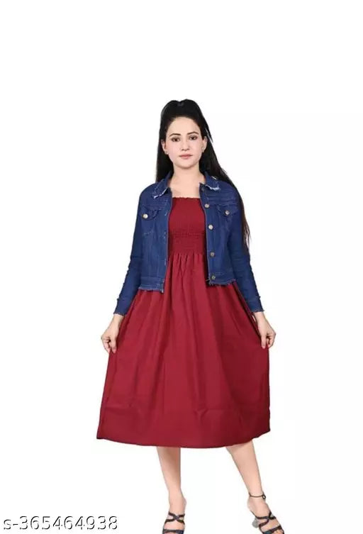 Crepe dress with dark blue danem jacket for women