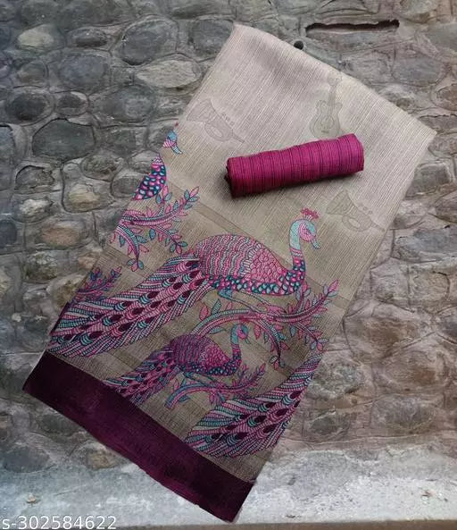 PEACOCK DESIGN LIGHT WEIGHT BEST PRICE ( KHADI -ART SILK MIX MATERIAL) SKIN FRIENDLY SAREE WITH UNSTICHED BLOUSE