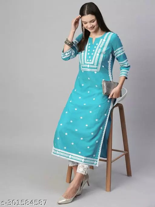 Anni Designer Women's Blue Straight Embroidered Kurti