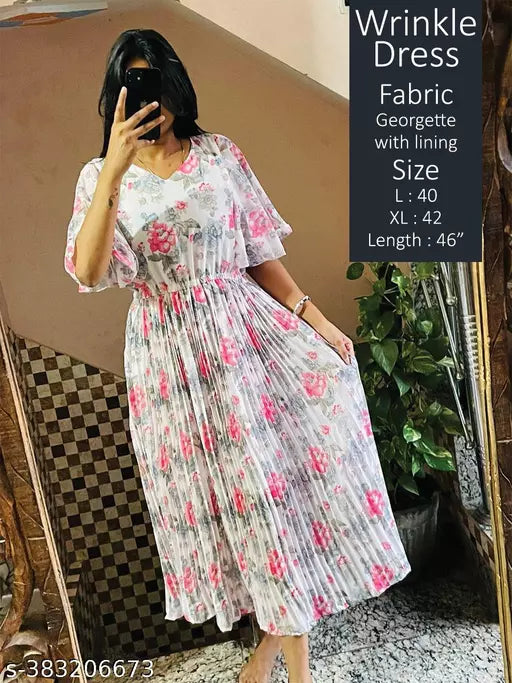 JKP COLLECTION Women's White Georgette Floral Printed Fit & Flared V Neck Short Sleeve Western Dress - Colour - White