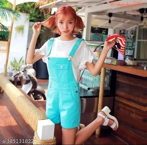 Women s & Girls Stylish Denim Cotton Fabric High Quality Dungree + Tee Color Green
