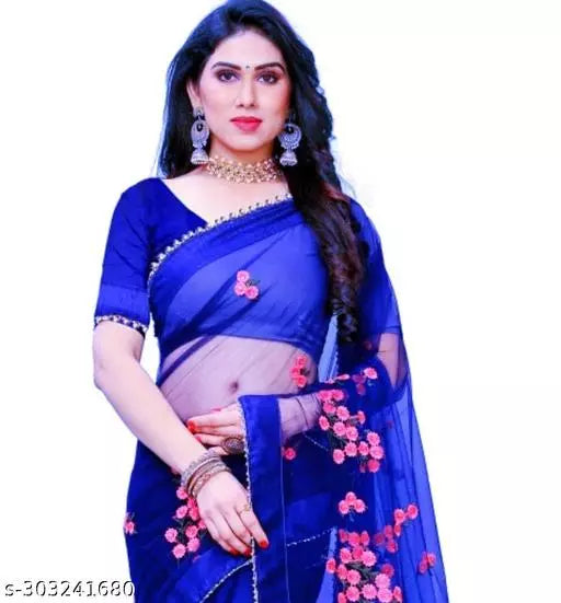 Bollywood Celebrity inspired Explore net saree With beautifull Embroidered all over moti work Royal Blue colours
