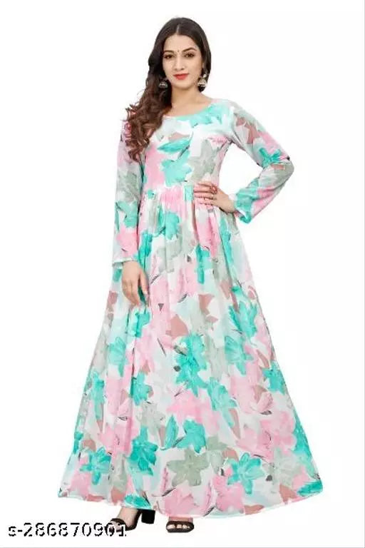 QVAZOR Stylish Fancy Trendy Printed Georgette Gown For Women For Party Wedding Festival Functions