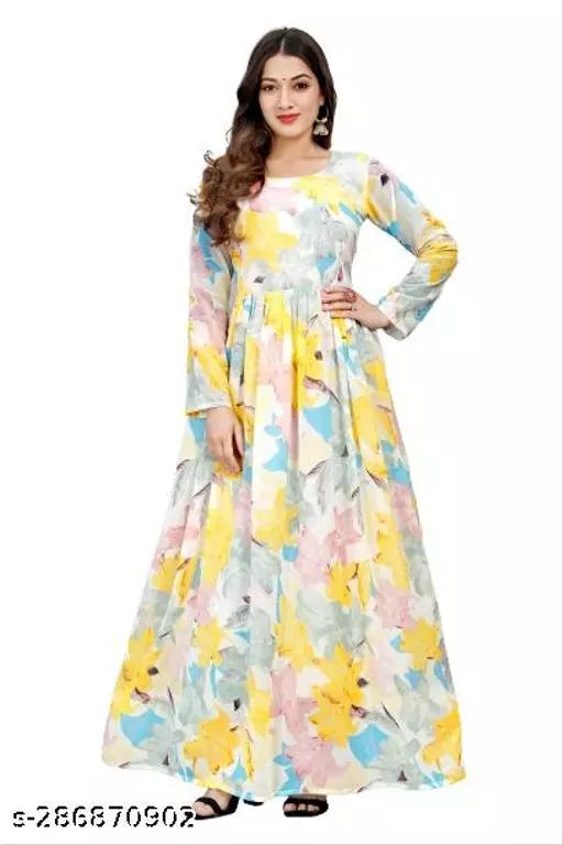 QVAZOR Stylish Fancy Trendy Printed Georgette Gown For Women For Party Wedding Festival Functions