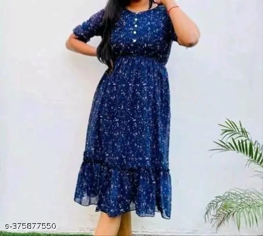 JKP COLLECTIONs Womens & Girls A-Line Dress  Casual Wear Printed & Short Sleeve Dress Fabric Cotton In Color Blue