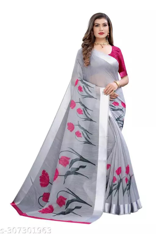 LIGHT WEIGHT BEST DESIGNER COMFERTABLE WEAR BEAUTIFUL SAREE ( CHANDERI COTTON- MIX LENIN) WITH BLOUSE