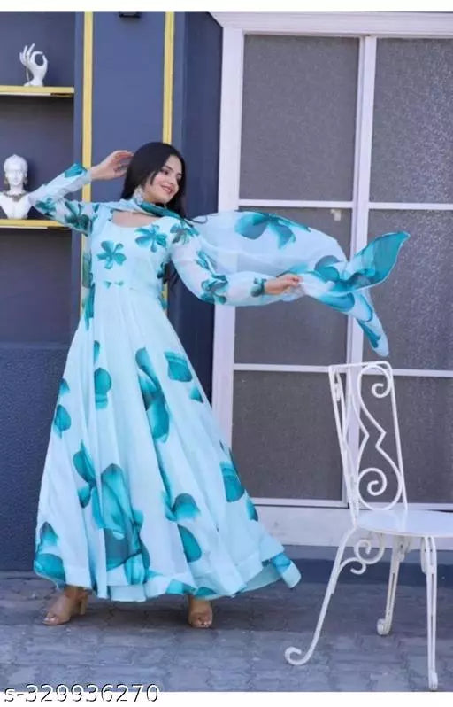 QVAZOR Stylish Fancy Trendy Printed Georgette Gown For Women For Party Wedding Festival Functions