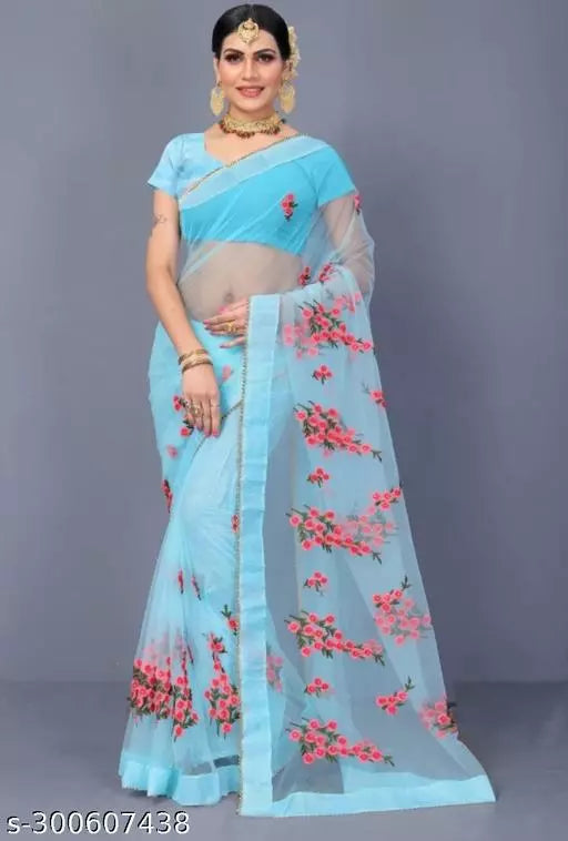 New Fancy Flower Net sarees with unstiched Blouse pieces With Moti work pani Colour
