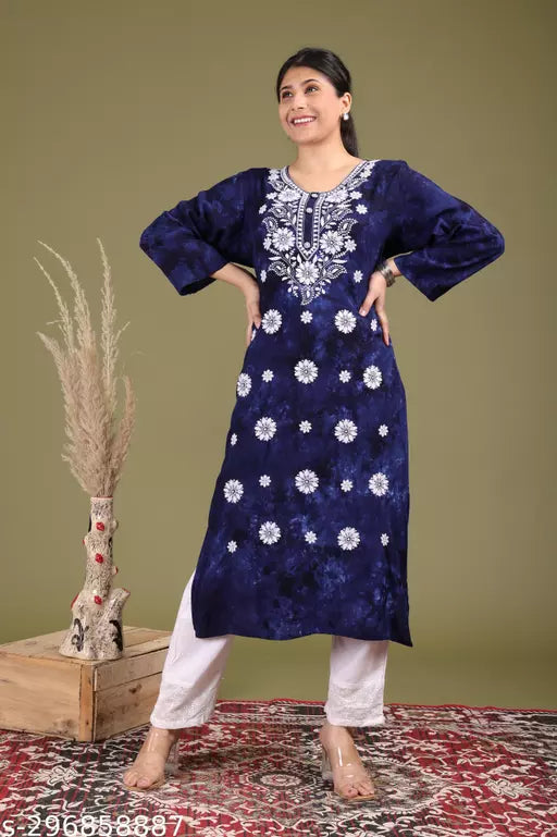 Women Chikan Embroidery Cotton Rayon A-line Kurta