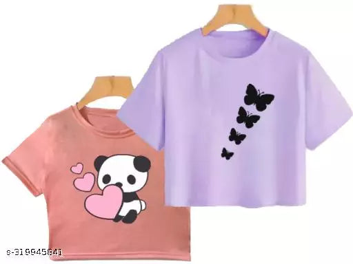 Trendy Feminine Printed Crop Tshirt Round Neck Top For Womens (Combo2)