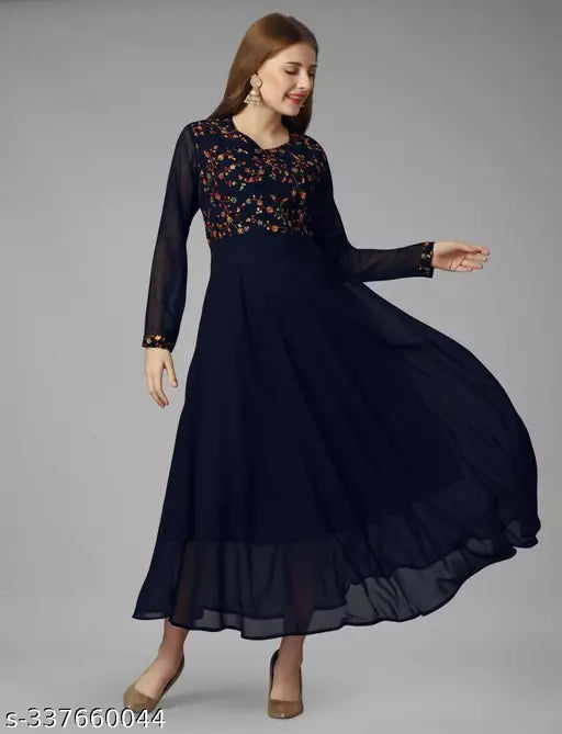 Exquisite Georgette Long Dress - Elegant Party Wear Navy Blue Gown for Women and Ladies