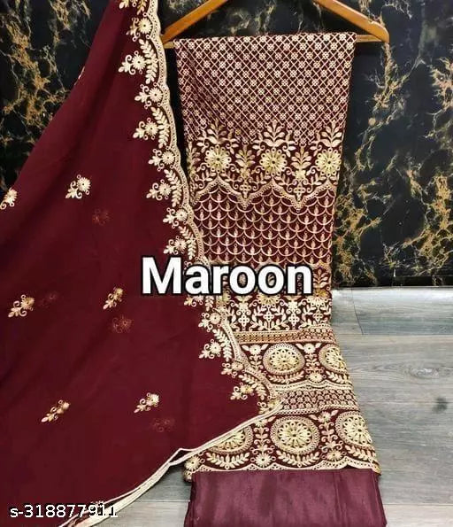 Women's Maroon Floral Patiala Full Suits Embroidered Sequence Work Georgette Designer Salwar Suit & Dress Materials