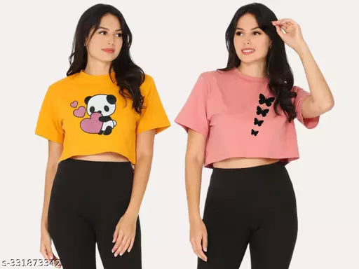 Trendy Feminine Printed Crop Tshirt Round Neck Top For Womens(Pack Of 2)