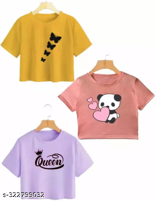 Trendy Feminine Printed Crop Tshirt Round Neck Top For Womens (Combo 3)