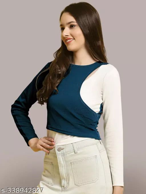 Casual Regular Sleeves Color Block Women Navy Blue  White Top (Women Top | Women Tops | Top)