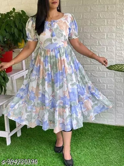STYLISH GEARGETTE FABRIC LONG PLATTING DRESSS